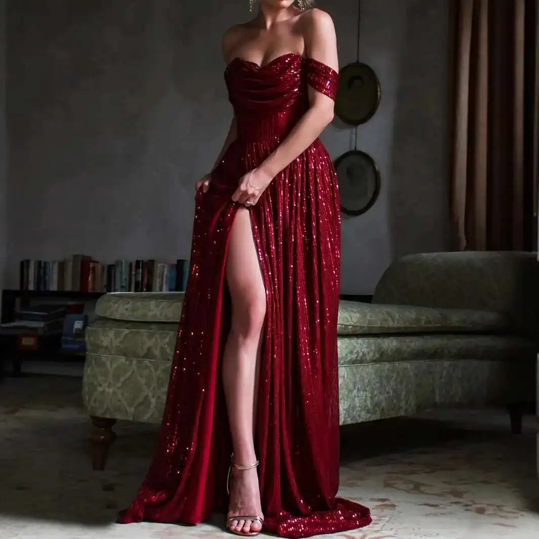 

Evening Gown, Socialite Party, Sexy High Opening Sequins, Banquet Dress, Nightclub Sequins, New Off the Shoulder Design Y2k