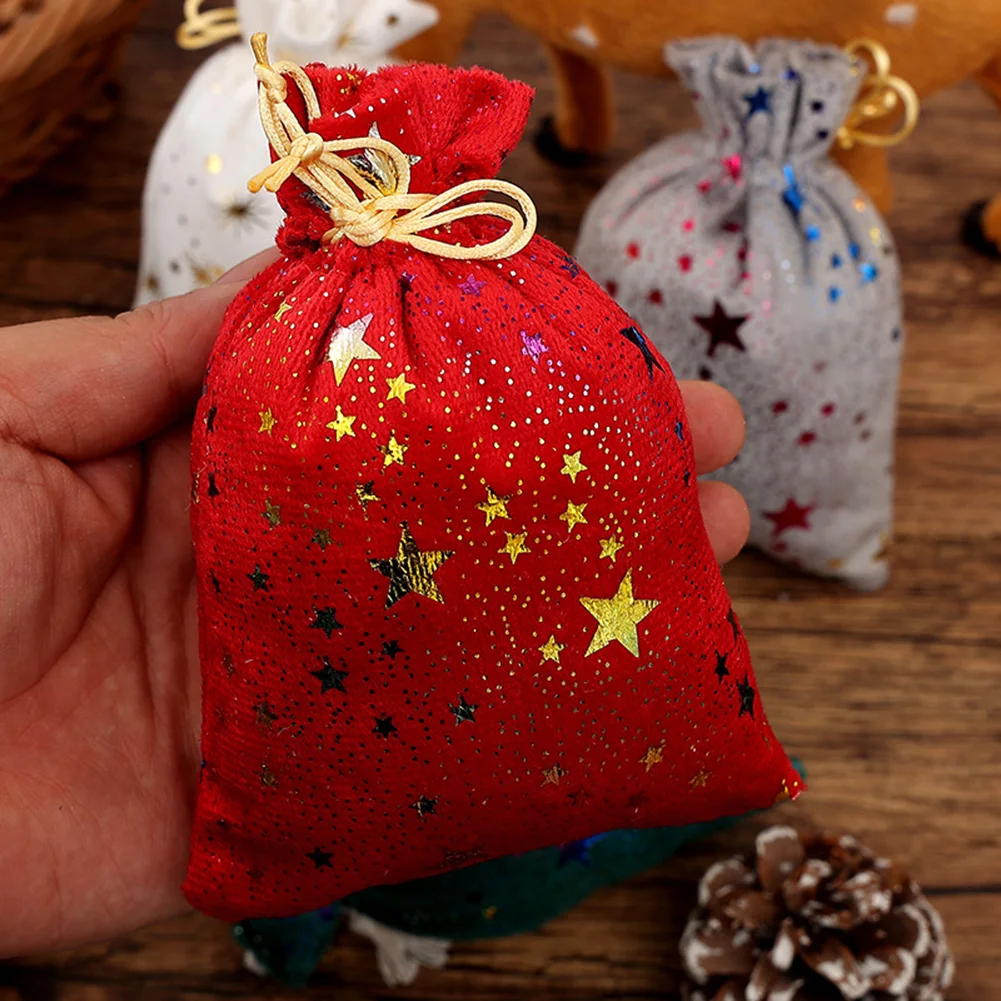 Set of 10 Christmas fabric candy bags with glittering star pattern and drawstring for storing candies and seasonal use