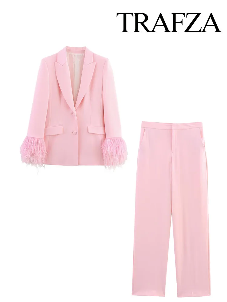 TRAFZA Women Fashion Pant Set Pink Turn-Down Collar Long Sleeve Single-Breasted Feather Blazer+High Waist Pocket Zipper Trousers