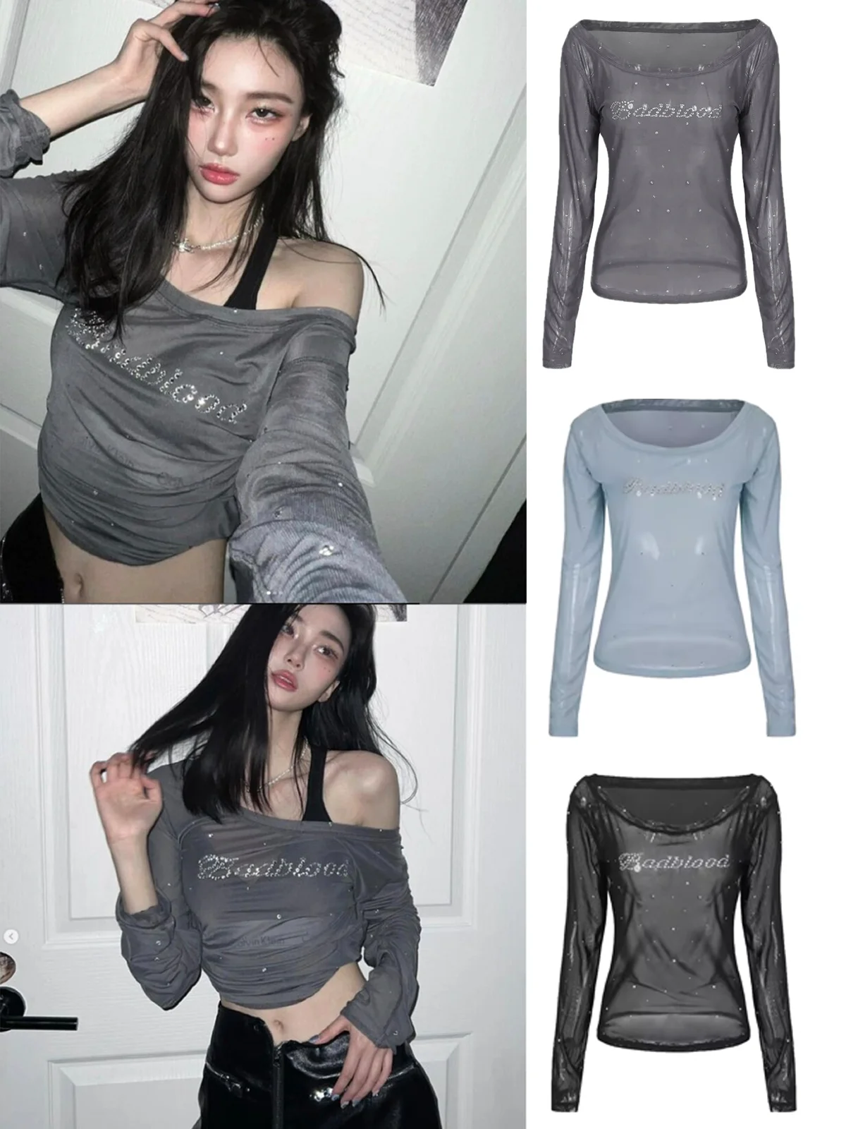 

Сексуальный женский топ в американском стиле, длинный рукав, на одно плечо, полупрозрачный, повседневный, с блестящими стразами, для лета