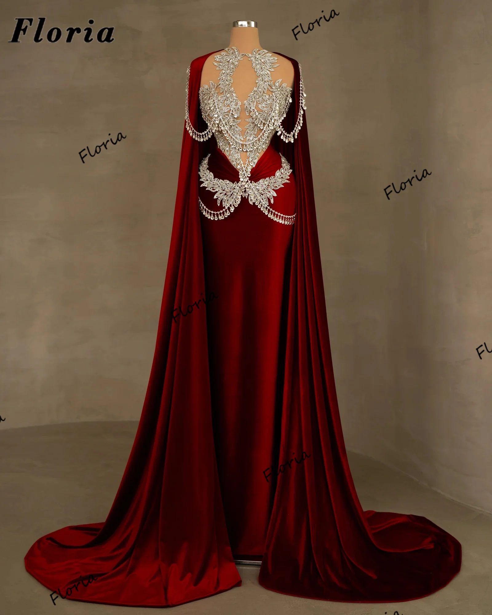 Kaftans Red Velvet Evening Dresses 2024 Haute Couture Diamonds Beaded Pageant Party Dress Robes De Soiree Dubai Women Prom Dress