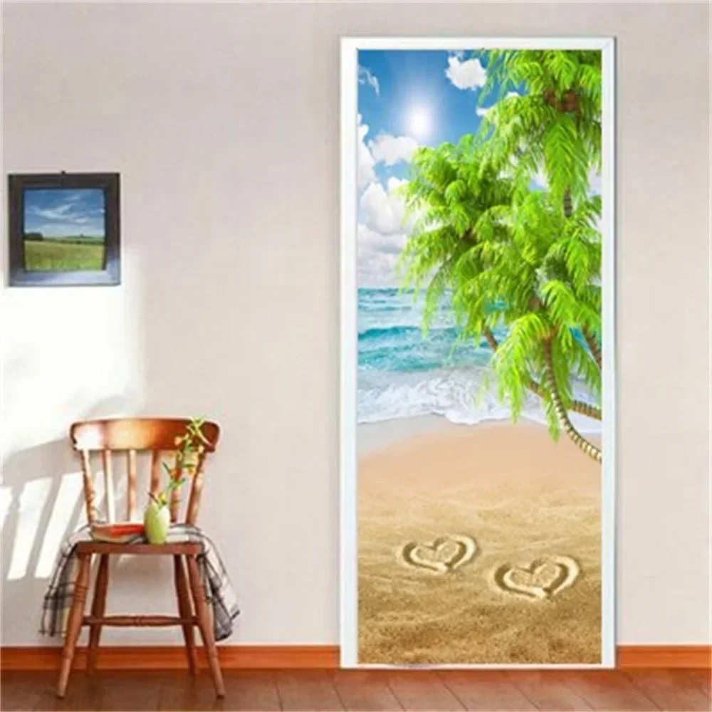 Seaside Scenery Door Stickers Ocean Beach Wallpaper Decal Hawaii Sea Mural Self-adhesive Removable Bedroom Living Room Decor3D