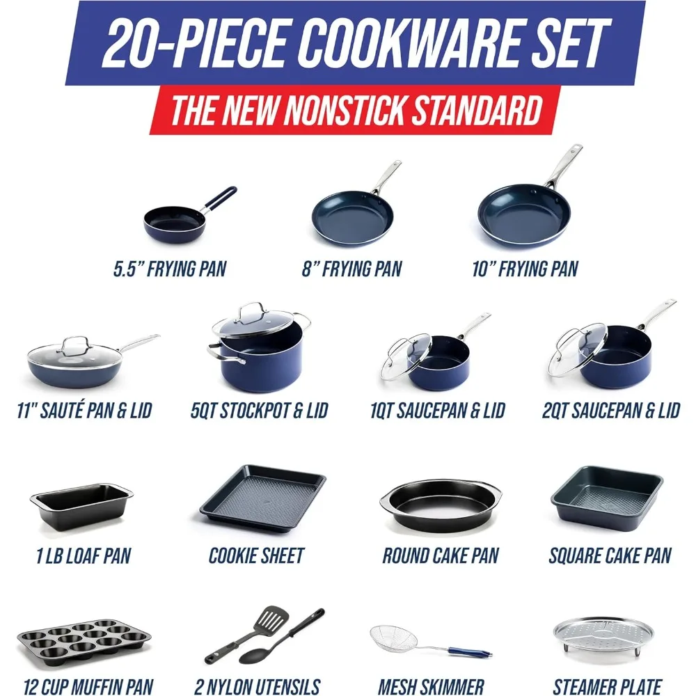 20 Piece Cookware and Bakeware Set, Diamond Infused PFAS & PFOA-Free Ceramic Nonstick Pots & Pans,