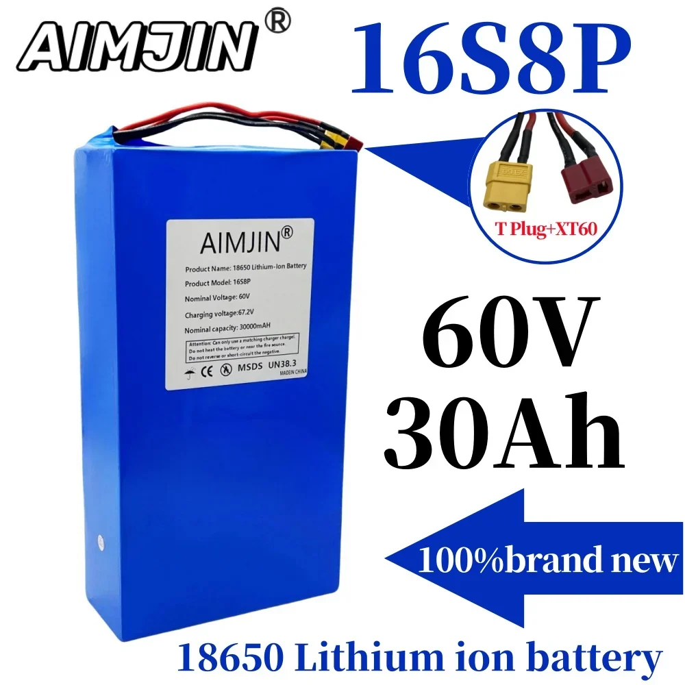 

16S8P 60V 30000mAh XT60+T plug Rechargeable Lithium Battery Pack 30A for 1000W 1500W 2000W High-power Li-ion Batteries with BMS