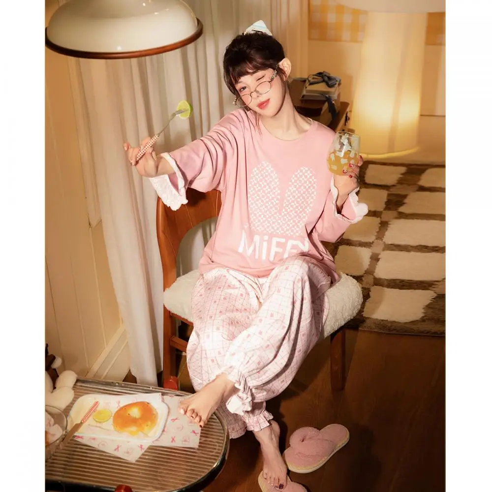 

Розовый клетчатый пижамный комплект Miffy с узором кролика, кружевными манжетами, мягкая одежда для сна для женщин, милая домашняя одежда с героями мультфильмов, повседневная домашняя одежда
