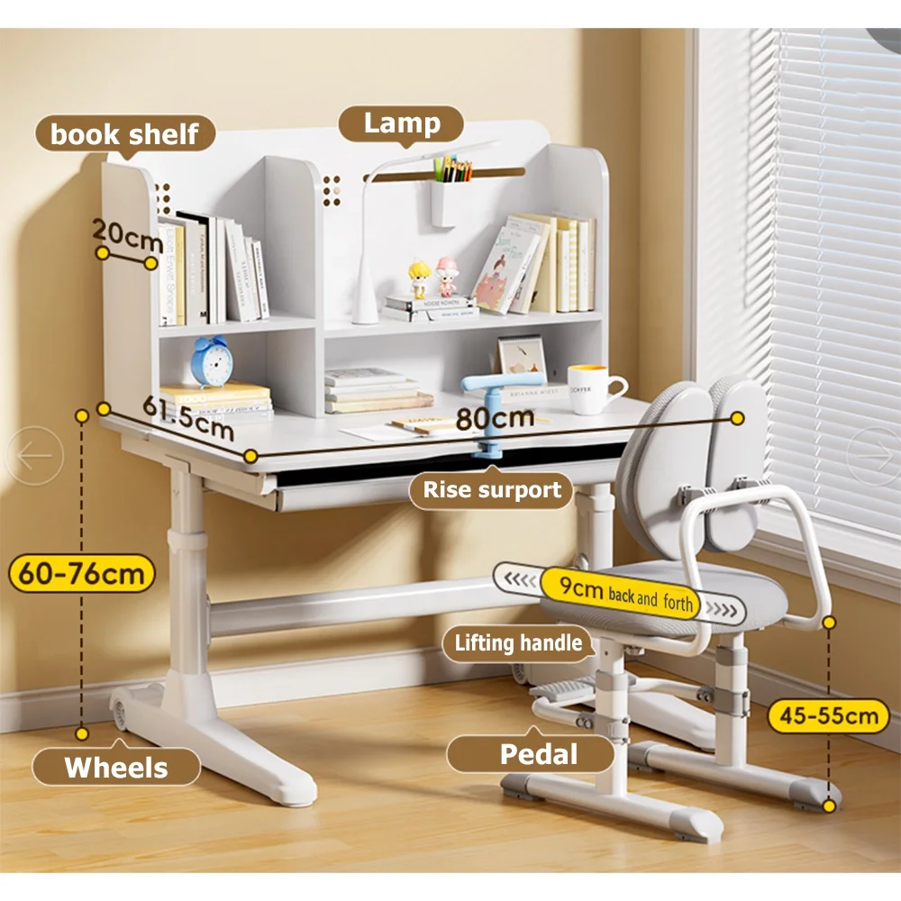 高さ調節可能な本棚収納引き出し付き子供用学習机椅子セット、自宅学習用ライティングテーブル