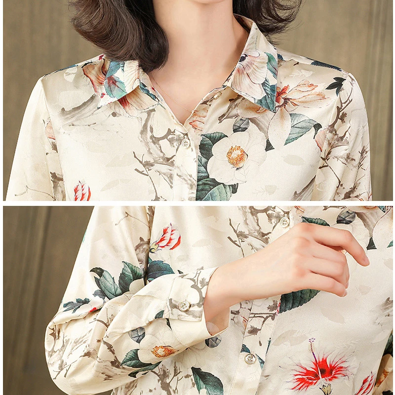 Birdtree 90%Real Silk Elegant Shirt Women's 2023 Autumn Thin Office Lady Top Loose  Printed Long Sleeve Casual Blouse T30676QC