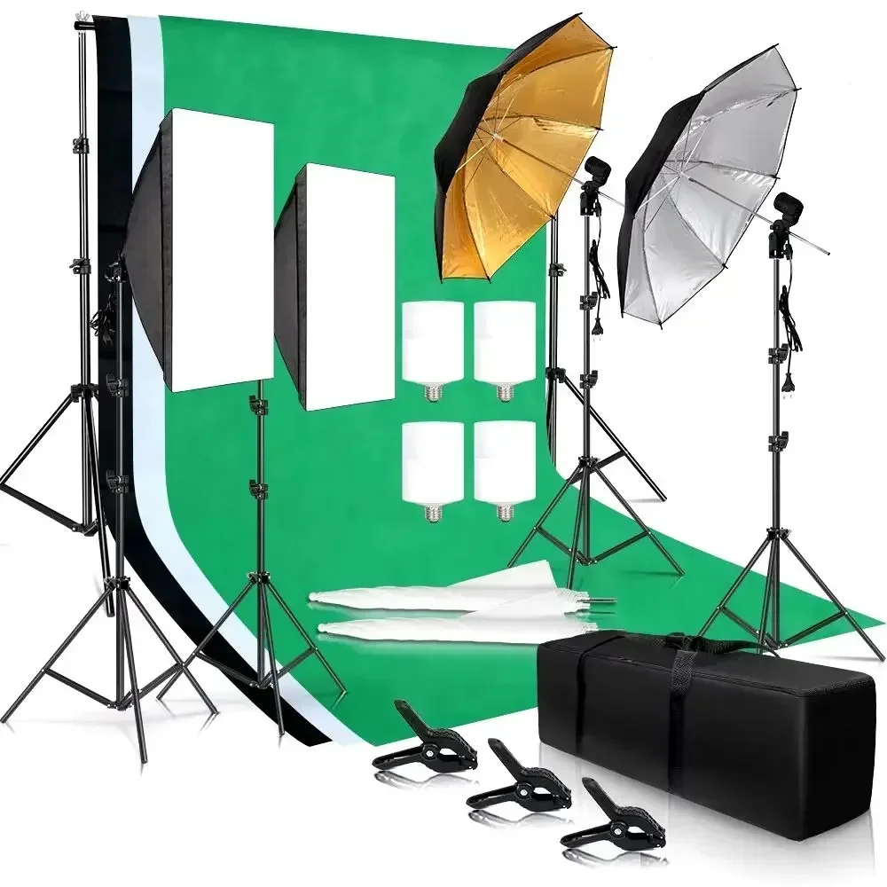 Fotografie Fotostudio Softbox Verlichtingsset Met Achtergrondframe 3 Stuks Achtergronden Statief Reflectorplaat 4 Parasols - afbeelding 1