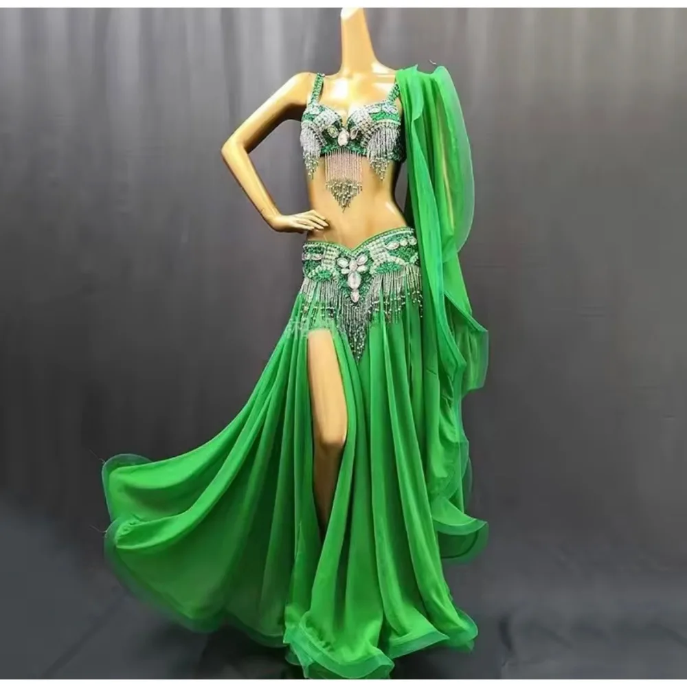 Professional White Belly Dance Costume for WomenOriental Dance Sequins Bra & Belt Set with Skirt, Bellydance Performance Outfit
