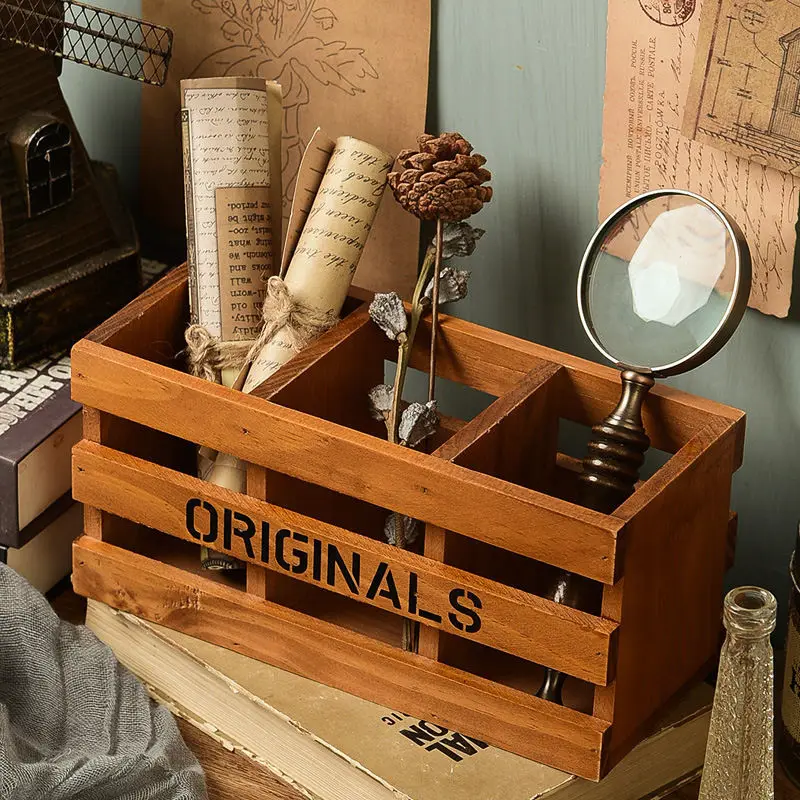 Solid Wood Desk Storage Pen Holder Office Supplies Desktop Organizer Two-insert Pen Holder Makeup Storage Box Office Supplies