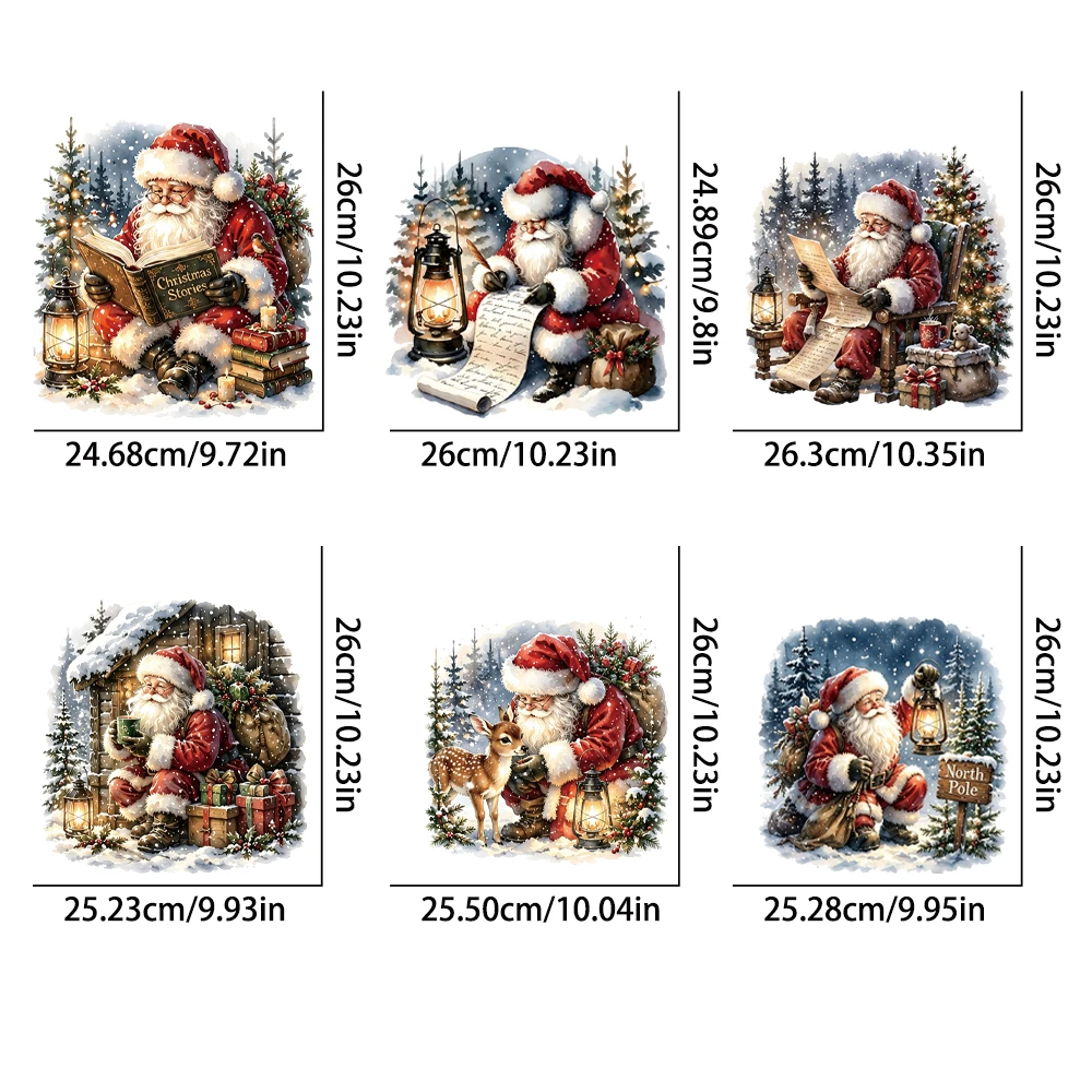 6-Pack vintage St. Nick heat transfer stickers, Christmas storybook prints, vivid colors on heavy canvas tote bags