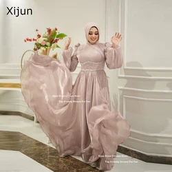 Xijun Silk Satin Modest Evening Dresses Muslim Long Sleeves Prom Gowns Luxury Dubai Sequined Appliques Prom Gown 2025 Customized