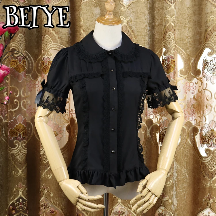 Camisas senhoras manga curta chiffon blusa branco/preto lolita botão para baixo camisa com mangas destacáveis blusas de mujer