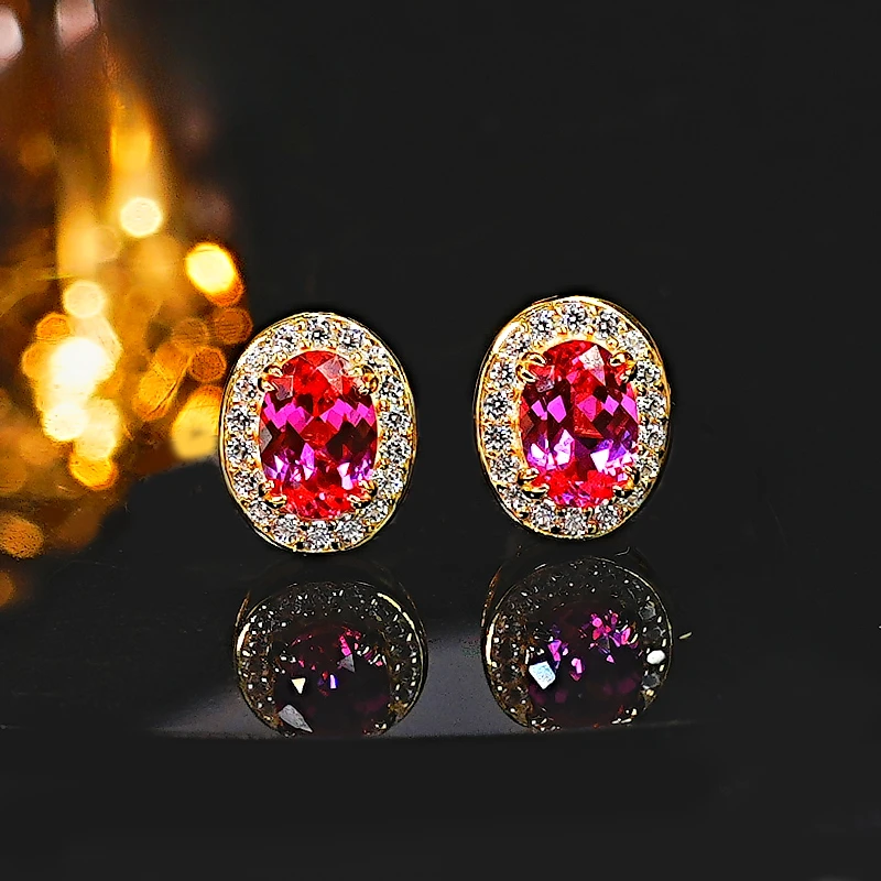 Super Sweet Rupee Pink Tourmaline 925 Silver Oval Earrings Set with High Carbon Diamond Light Luxury Versatile Commuting