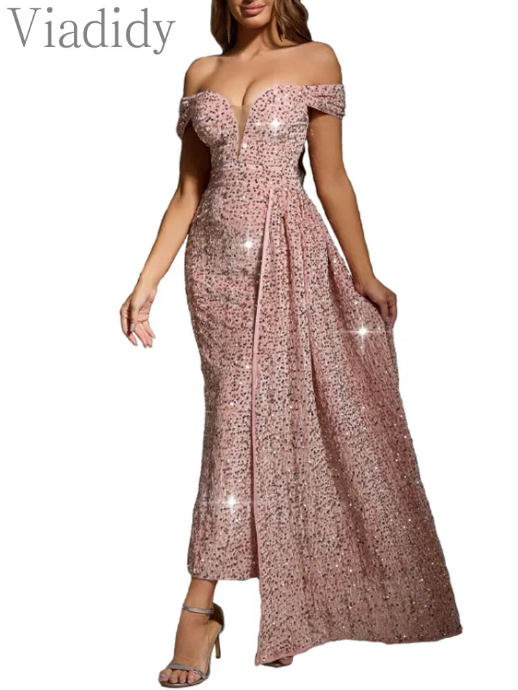 

Women's Elegant Solid Color Irregular Party Dress Sexy Slash Neck Off Shoulder Backless Floor-length Dress