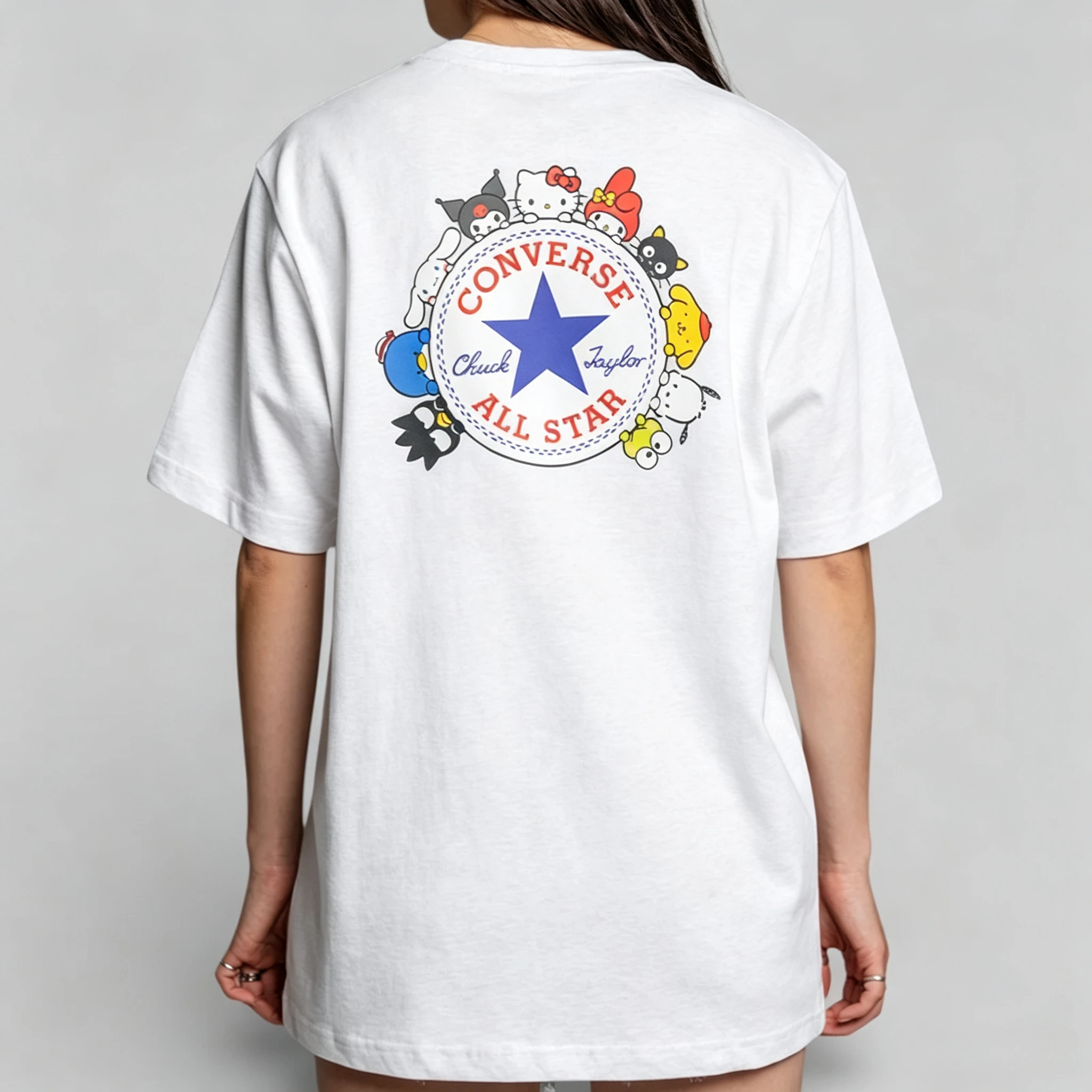 Women Oversized White T‑Shirt Sanrio Family Cartoon Back Print Short Sleeve Casual Streetwear Loose Fit Tee Tops