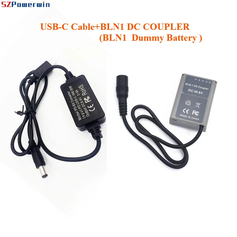 كابل USB/USB-C + BLN1 محول بطارية الدمية مقرنة تيار مستمر مع كابل أنثى لأوليمبوس OM-D EM-1 E-M1 E-M5 E-P5 E-M5M2 PEN-F