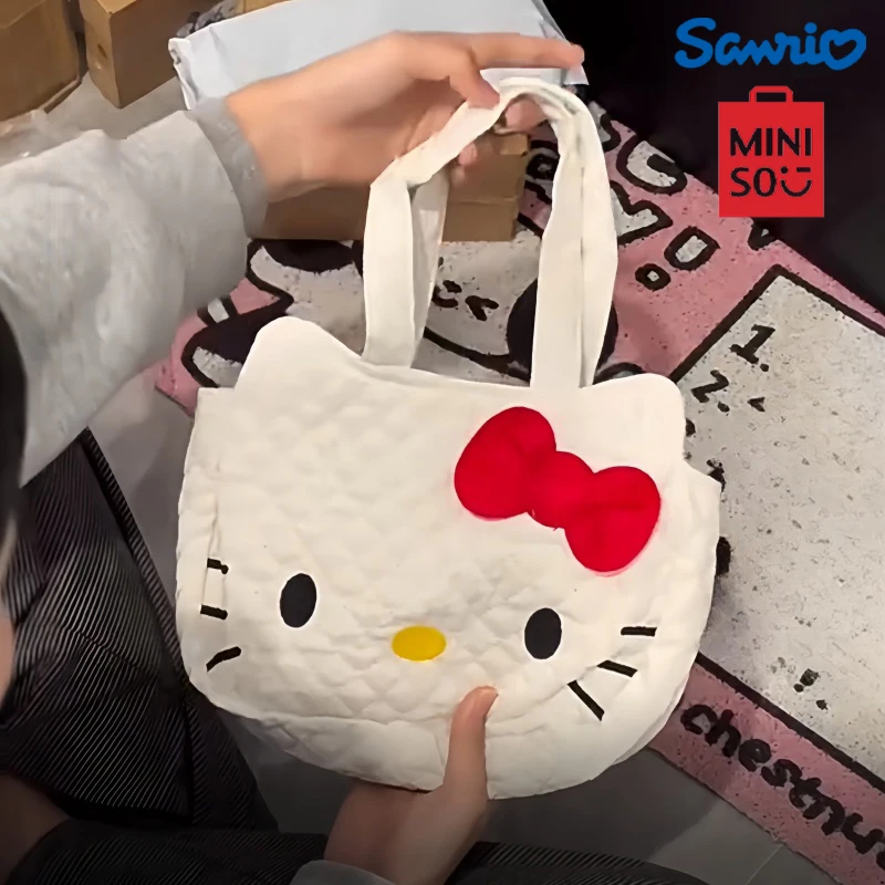 MINSO Senrio Hello Kitty Shoulder Bag Ladies 3D Cartoon Cute Rhombus Large Capacity Tote Bag Kawaii Cats Soft Cotton Handbag