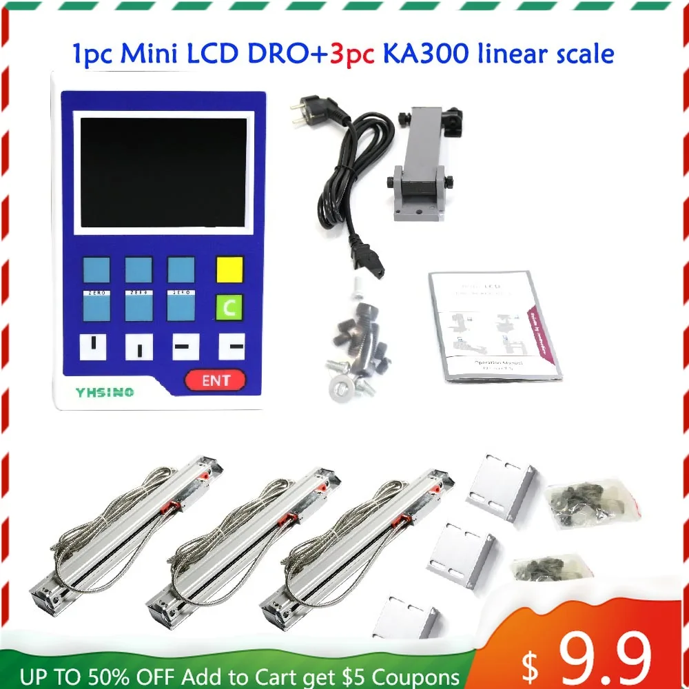 11 Languages Mini LCD DRO Kit  Digital Readout Display and KA300 Linear Scale Glass Encoder for Lathe Milling Grinder Machines