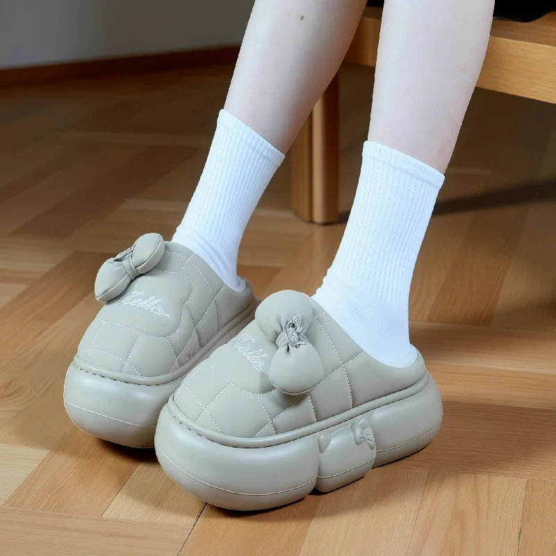 Wasserdichte gesteppte Damen-Plattform-Hausschuhe mit Schleife, geschlossener Rücken, warme, flauschige Winterschuhe, rutschfeste dicke Sohle, Baumwollschuhe für den Außenbereich – Detail 3
