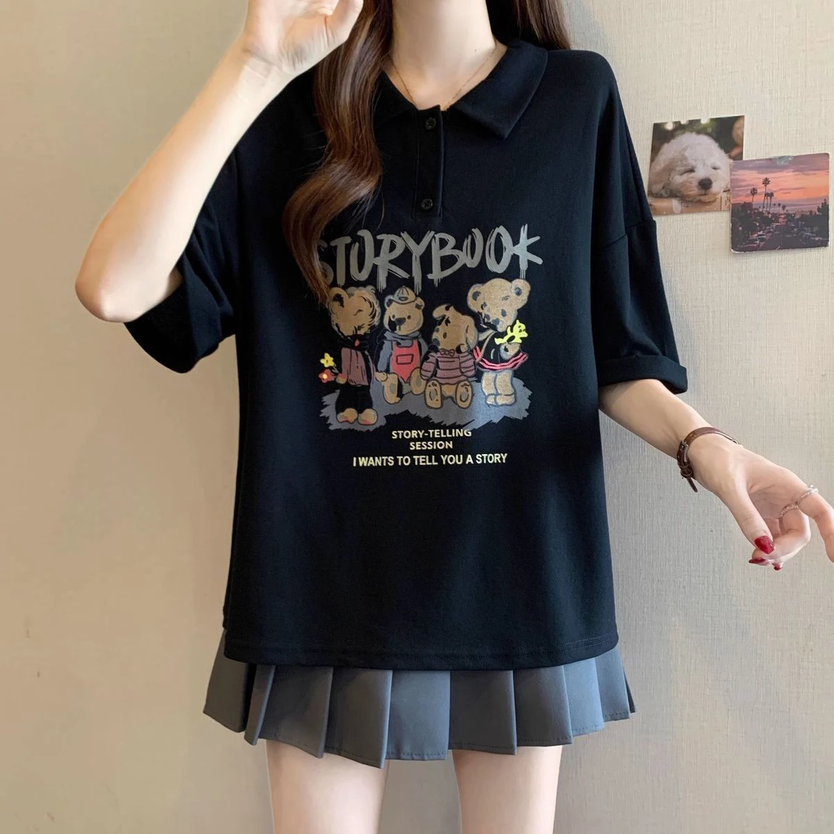 القطن الخالص الكرتون الدب طباعة Ne ort Sve تي شيرت المرأة فضفاضة تناسب الصيف جديد Sle التخسيس الأعلى الكورية Sle #5