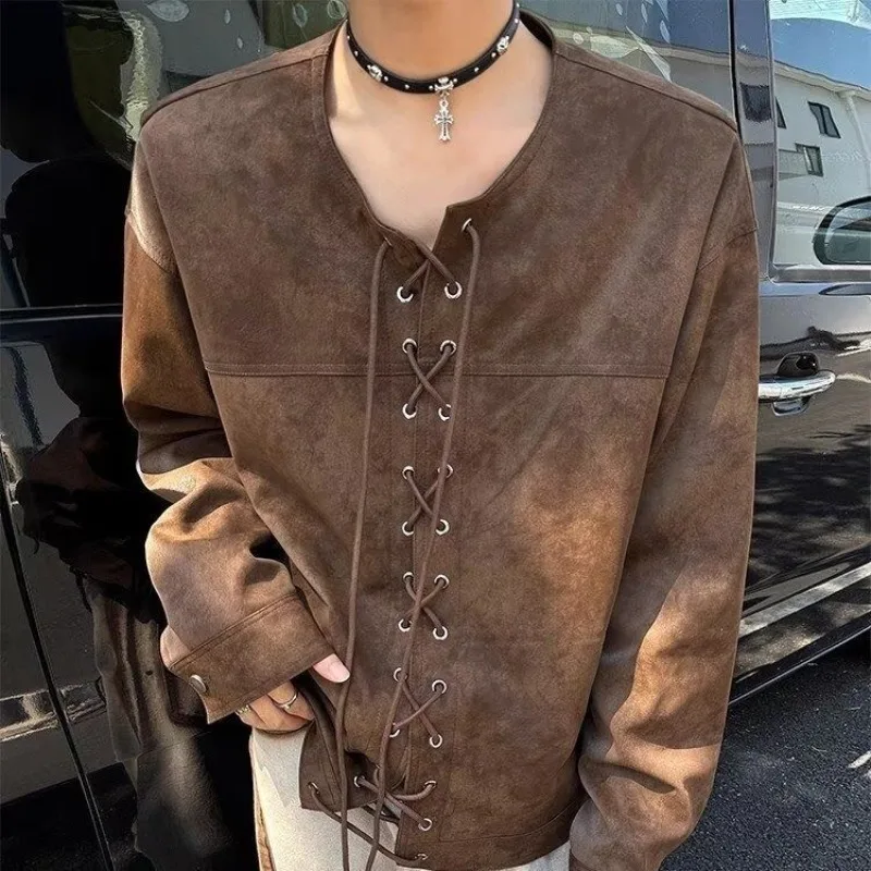 Autumn New Drawstring Cardigan Coats for Men American Retro Brown Motorcycle Faux Leather Jacket for Men Western Cowboy Jacket