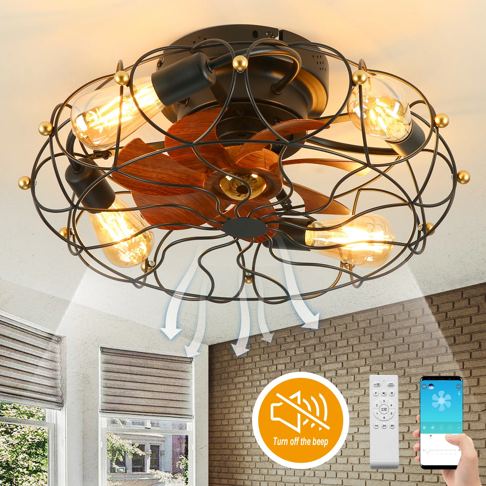 

20" Industrial Caged Ceiling Fan with Lights, Remote Control Low Indoor Flush Mount Ceiling Fan Lamp for Bedroom Kitchen