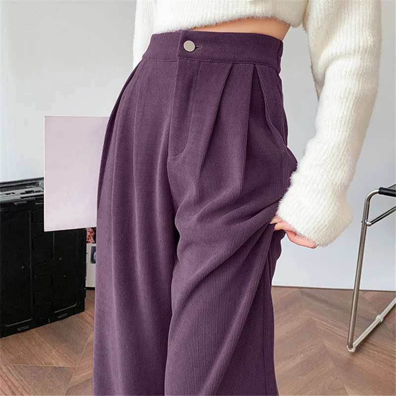 

Autumn Winter Women's Wide Leg Full Pants 2024 New High Waist Korean Button Solid Casual Loose Trousers Pockets Female