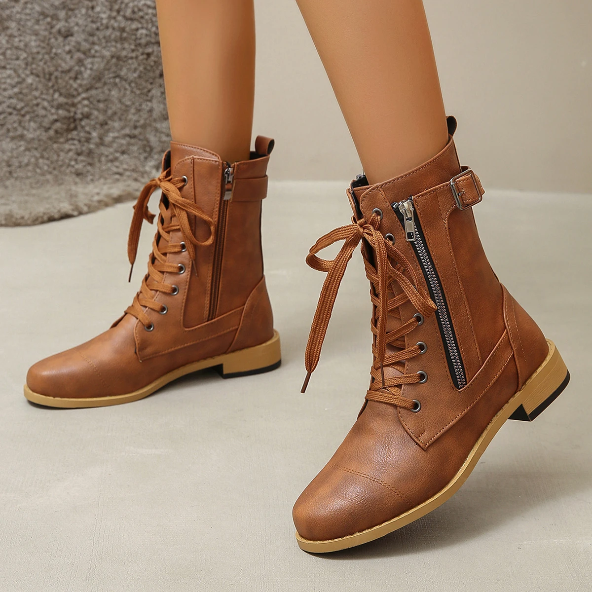 

Women's Round Toe Front Buckle Square Heel Short Boots Autumn Winter New Style PU Leather Boots Comfortable Cotton Lined