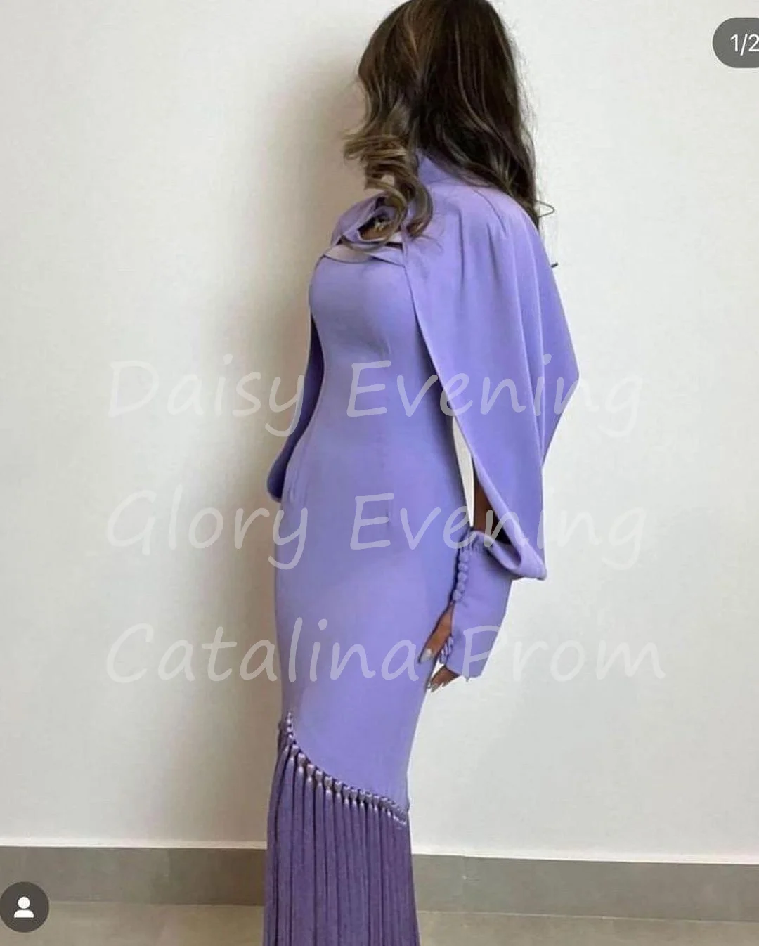 

Purple Prom Dresses with Long Sleeves Saudi Arabia Long Sleeves Satin Party Evening Dresses Mermaid Tassels Ankle Length