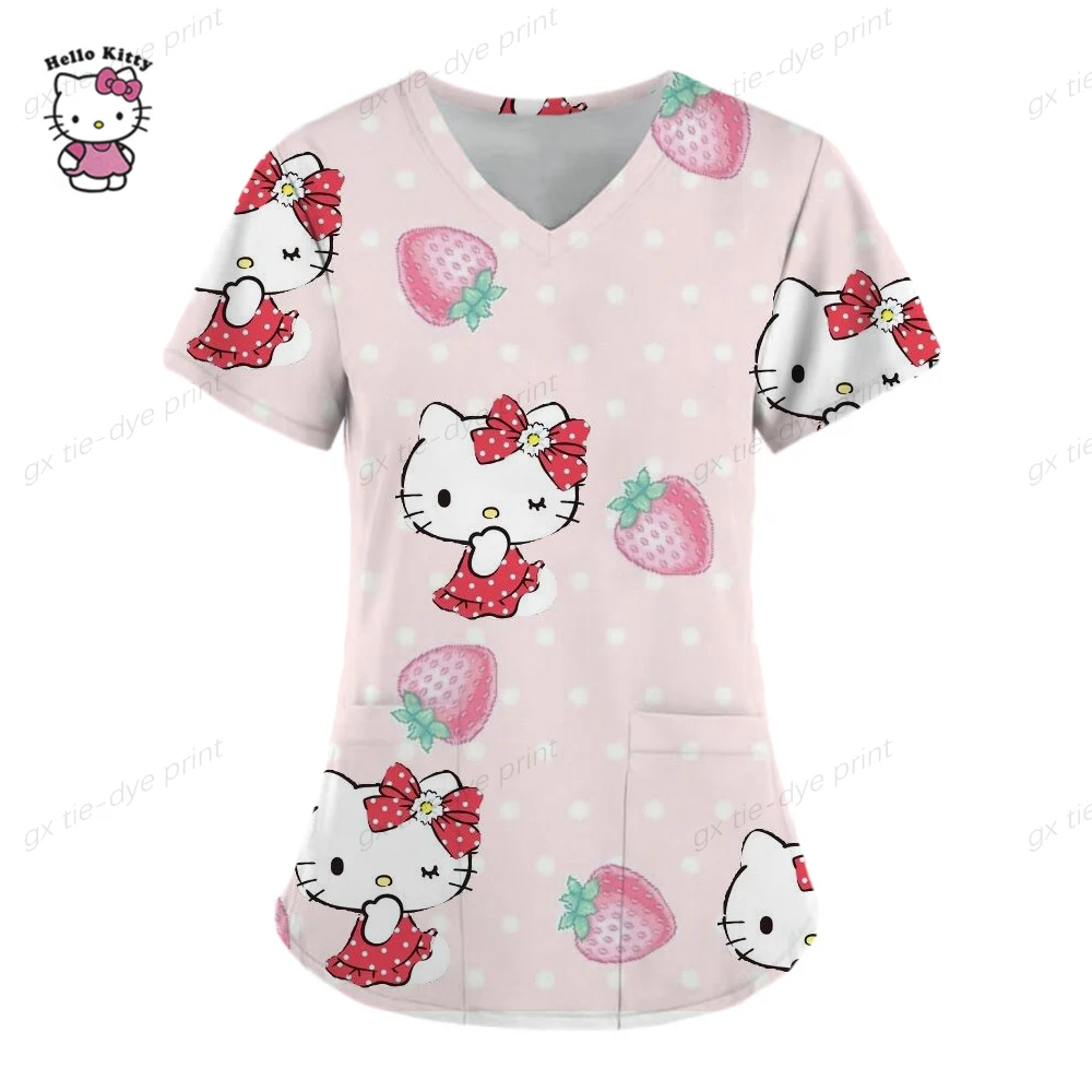 2023 Women's Short Sleeve V-neck Pocket Care Workers T-shirt Tops Summer Workwear Tops Hello Kitty Print Nurse Uniform Blouse