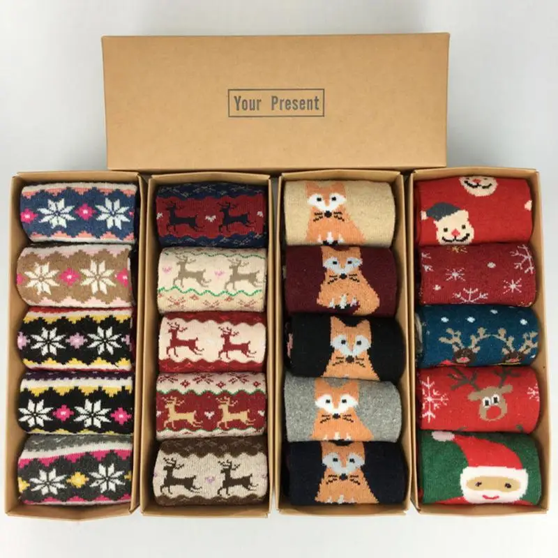 5pairs Christmas socks Wool socks -tube socks Fun cute socks with Santa reindeer pattern women's Christmas theme gift box set