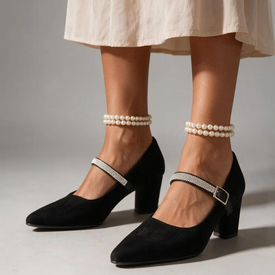 Rhinestone Block Heel Single Shoes Fashion Pointed Toe Non-Slip Heels