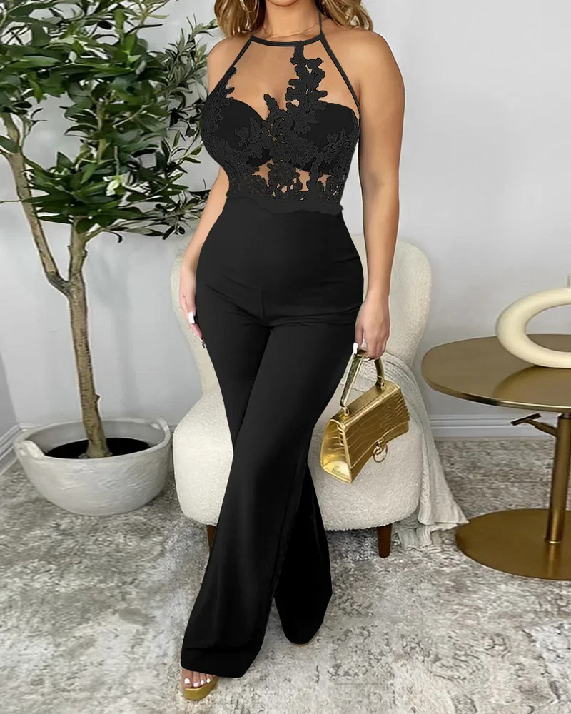 

Summer Sexy Lace Spaghetti Strap Sheer Mesh Jumpsuit Women