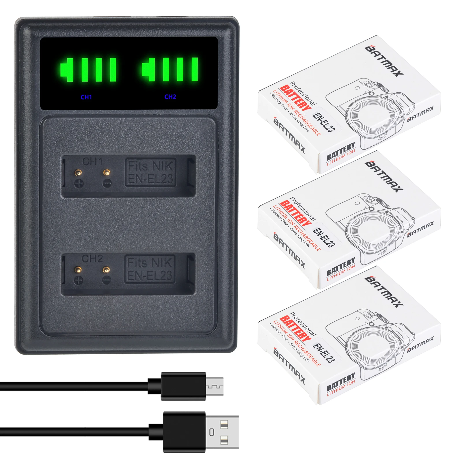 

Batmax 1850mAh EN-EL23 EL23 Battery+New LED USB Dual Charger For Nikon COOLPIX P900,P900S, P610, P610S,P600, B700, S810c Camera