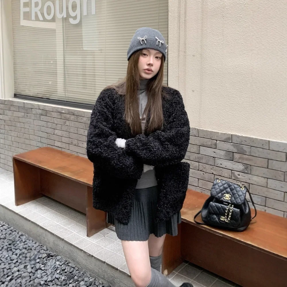 플리스 안감 겨울 여성 밍크 퍼 재킷 싱글 브레스티드 포켓 에코 퍼 코트 여성용 다용도 캐주얼 인조 퍼 코트