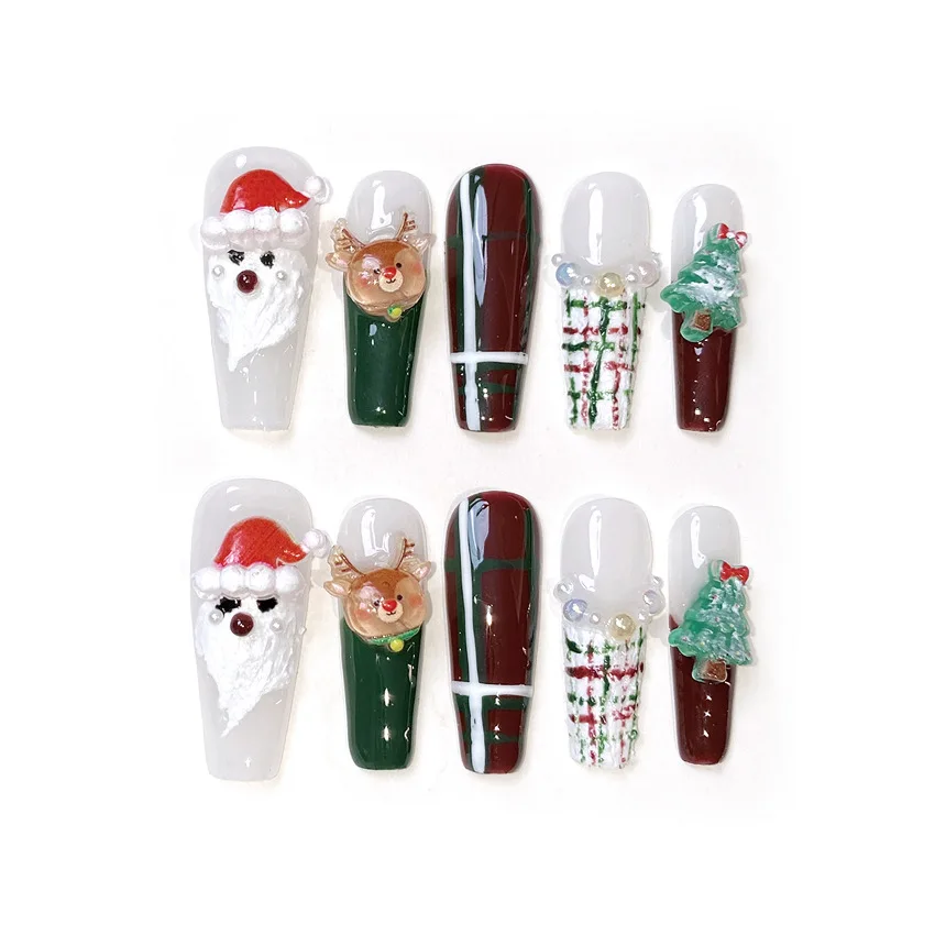 Faux ongles du Père Noël purement peints à la main, patchs pour ongles, vêtements de Noël, neufs, 10 pièces