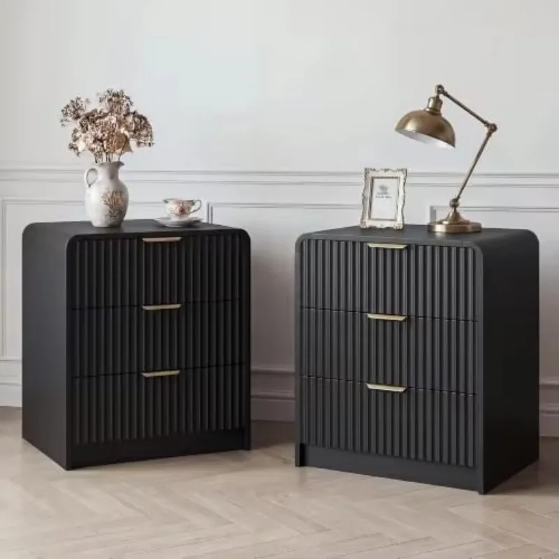 Set of 2 Black Fluted 3 Drawer Nightstands for Bedroom, Bedside Table | Set of 2 modern black fluted nightstands with 3