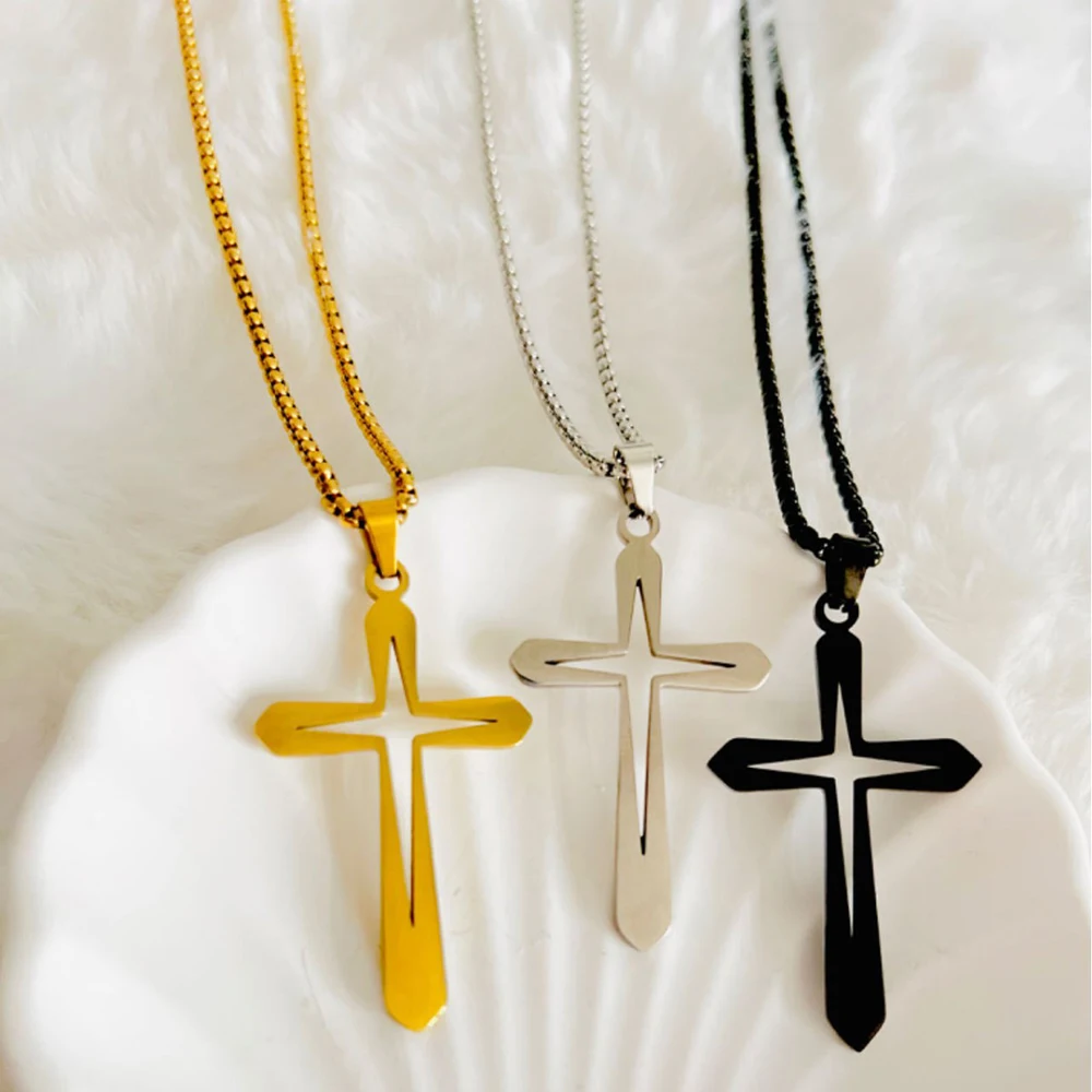 Stainless Steel Cross Necklace for Men Rock Hip Hop Personality Choker Starlight Hollow Pendant Jewelry for Women Gift