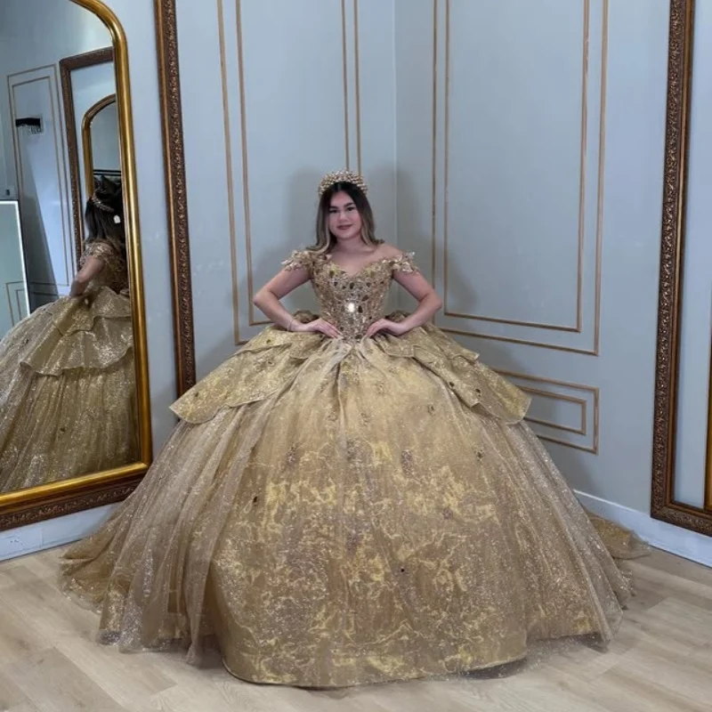 

Customized Shiny champagne gold Quinceanera Dresses Off the Shoulder crystal applique flower Long tail Bow Vestido 15 Quinceaner