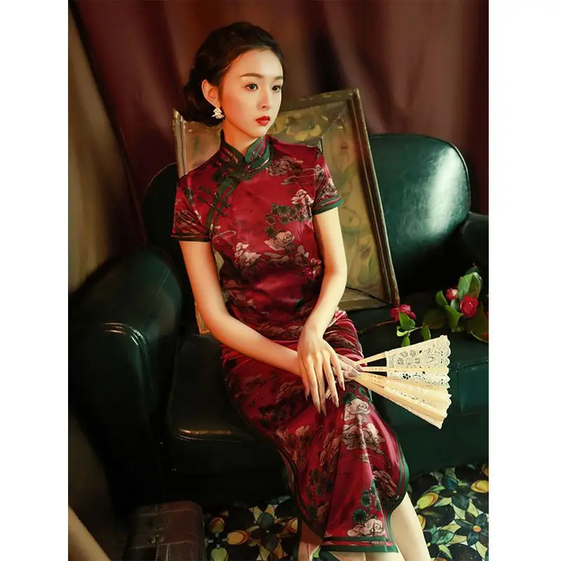 Yourqipao Old Shanghai Chinese Cheongsam Long Qipao Spring Summer New Temperament Improved Women Hanfu Formal Evening Dresses