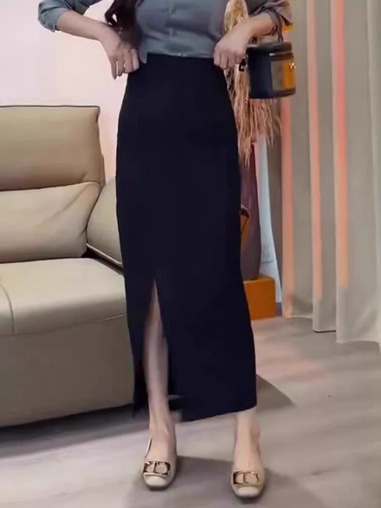 

Женская прямая юбка с высокой талией, новинка лета, корейский ретро-дизайн, утягивающая облегающая юбка с разрезом