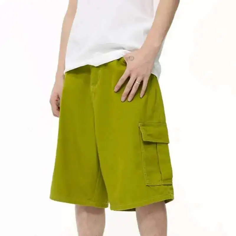 New Fashion Men's Denim Shorts Vintage Washed Wide Leg Short Jeans Straight Solid Color Male Casual Bottoms Summer