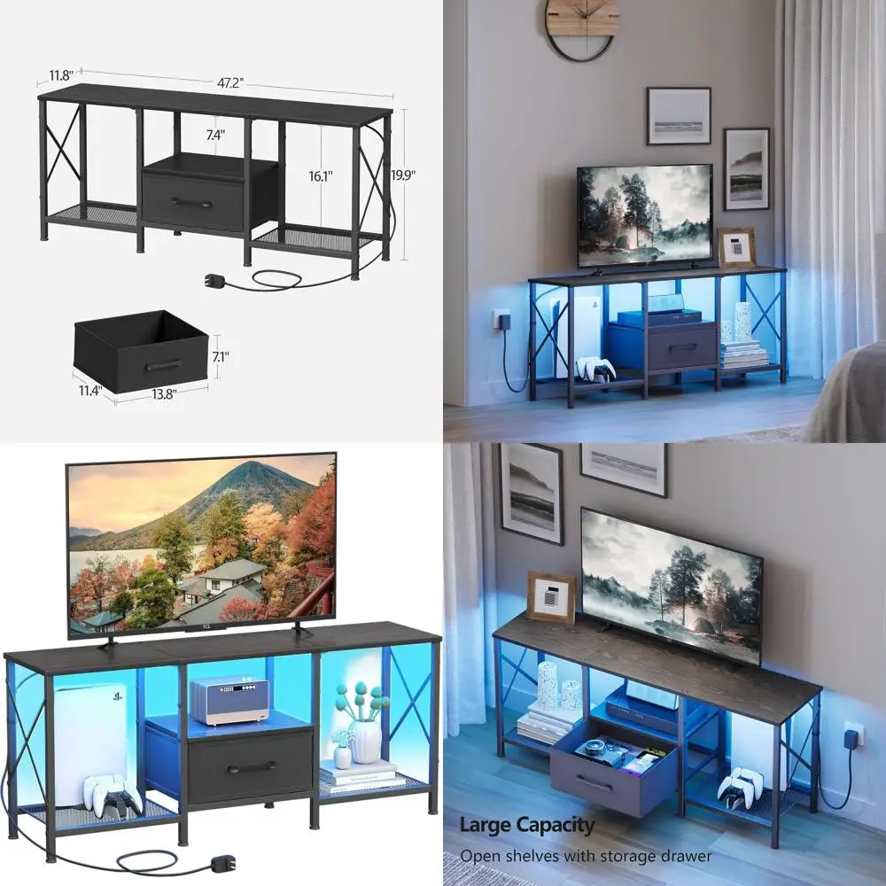 

Black Industrial Style TV Stand with Open Shelves for 50-55 Inch TVs, Suitable for Living Room and Bedroom