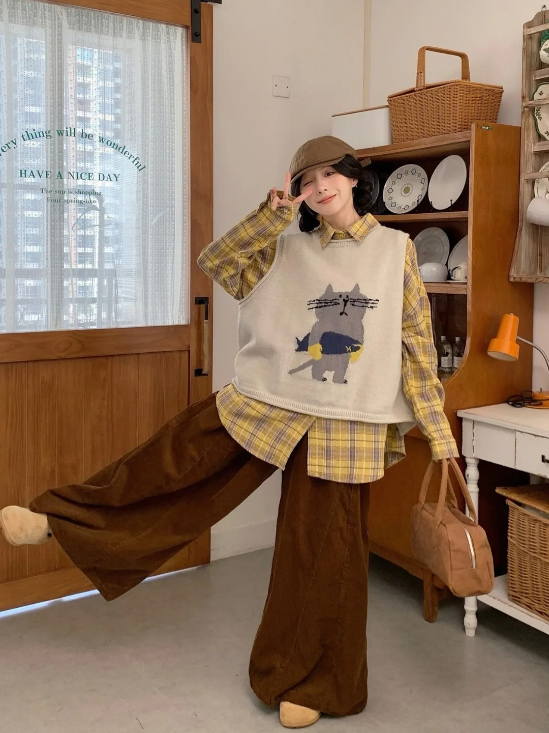 

Вязаный жилет больших размеров с завышенной талией, свободный крой, женский топ в стиле ретро, японский стиль, осенняя новинка, модный комплект больших размеров