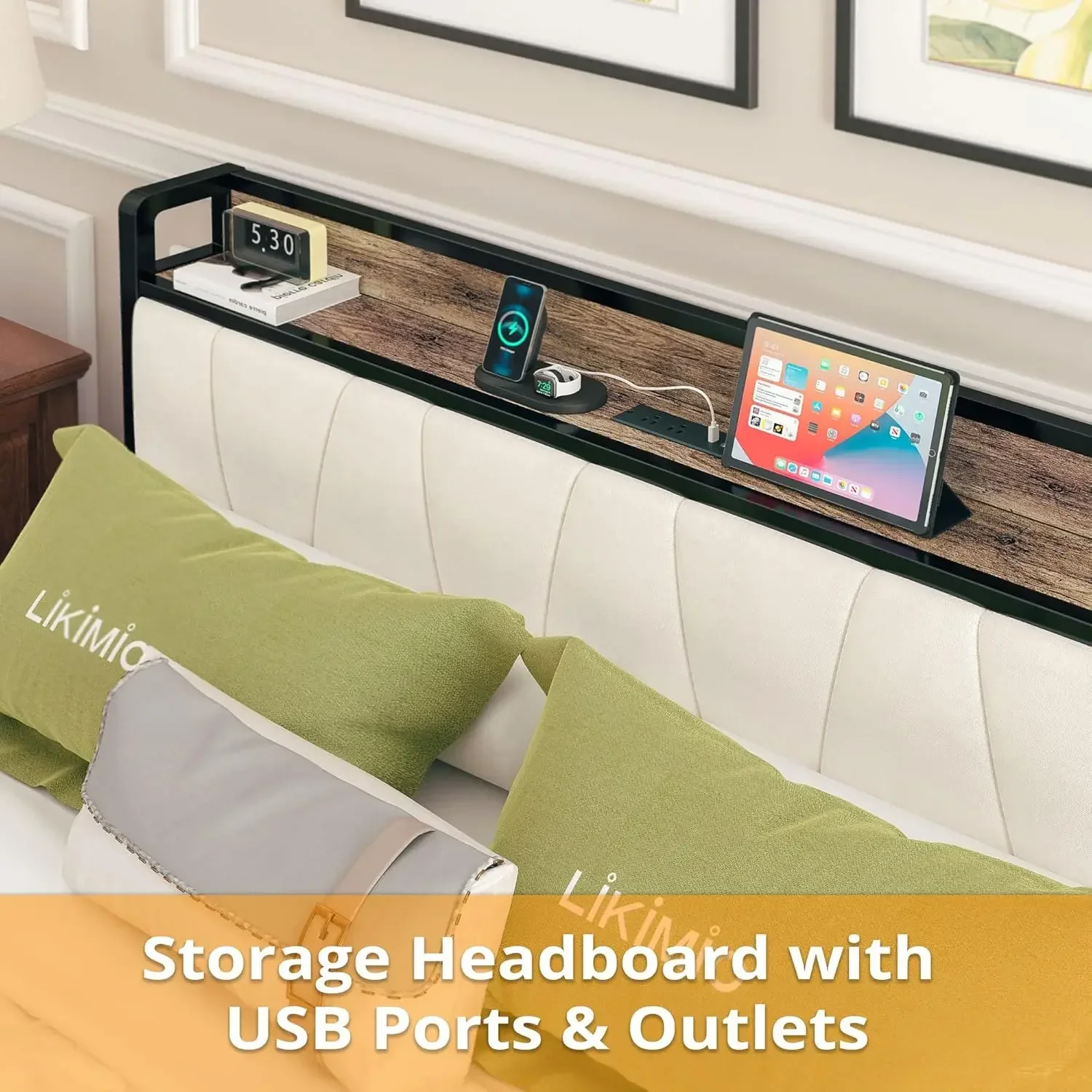 Full Size Bed Frame, Storage Headboard with Charging Station, Solid and Stable, Noise Free, No Box Spring Needed, Easy Assembly