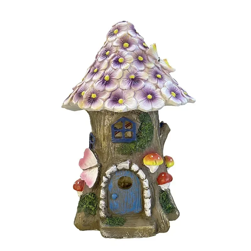 Outdoor Solar Garden Garden Ornament Statue Tree House Night Light Resin Crafts House Decorative Light
