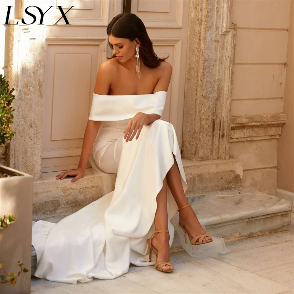 Lsyx personalizado elegante fora do ombro sem costas sereia vestido de casamento para as mulheres simples crepe varredura trem minimalismo vestido de noiva