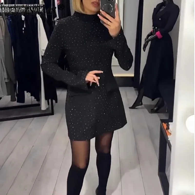 Mini abito sottile scintillante con diamanti alla moda Donna Primavera Elegante O Collo Abito da festa a trapezio Abito autunnale a maniche lunghe con cerniera sui fianchi