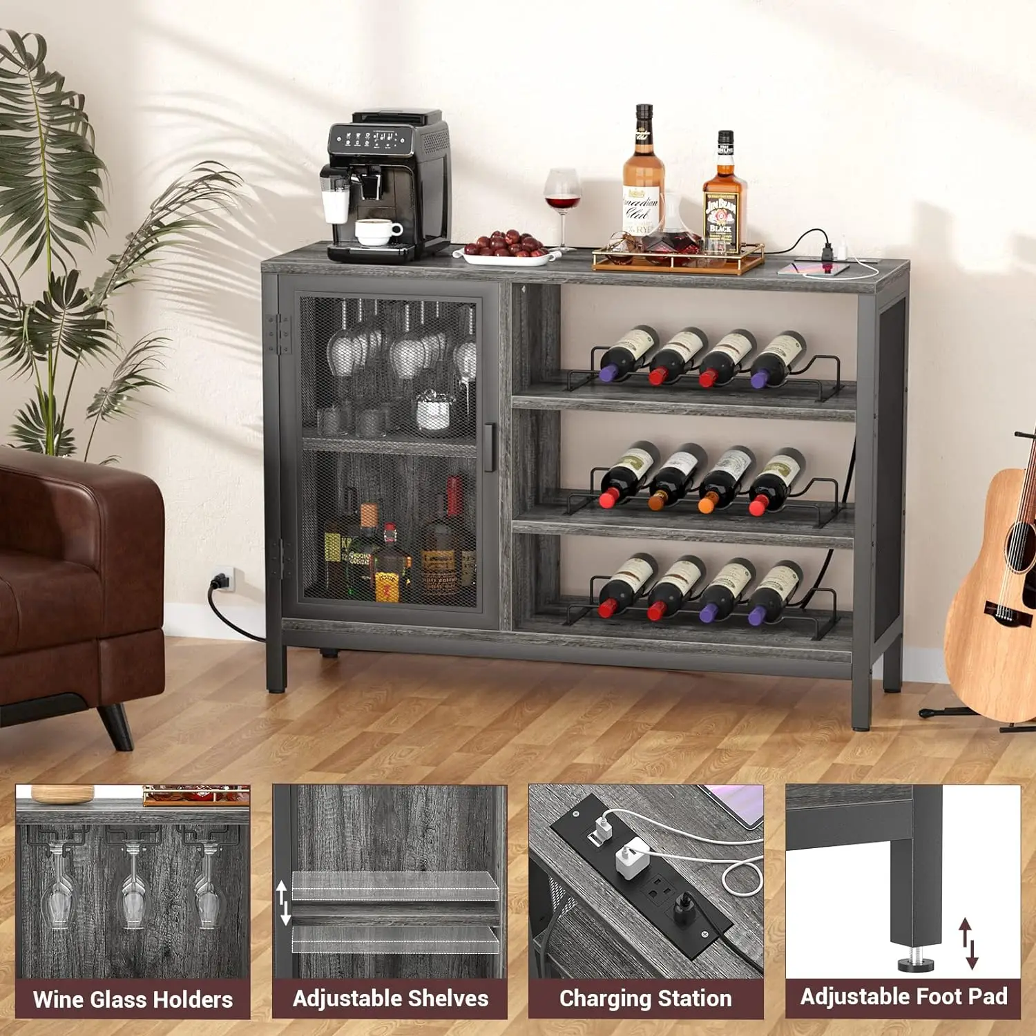 Homieasy Wine Bar Cabinet with Power Outlets,Industrial Bar Cabinets for Liquor and Glasses,Farmhouse Mini Coffee Liquor Cabinet